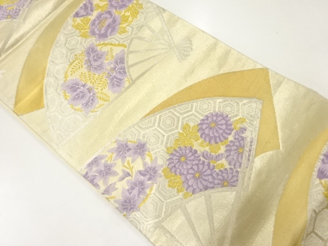 アンティーク　扇に菊・牡丹模様織出し袋帯（材料）